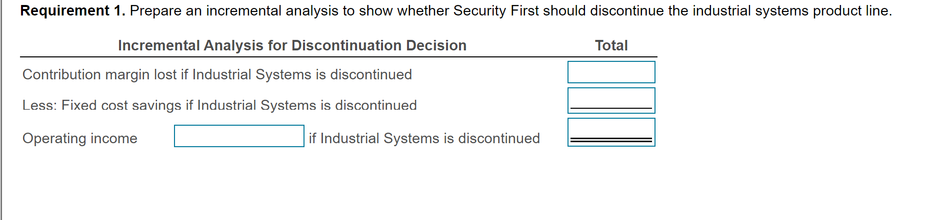 Requirement 1. Prepare an incremental analysis to show whether Security First