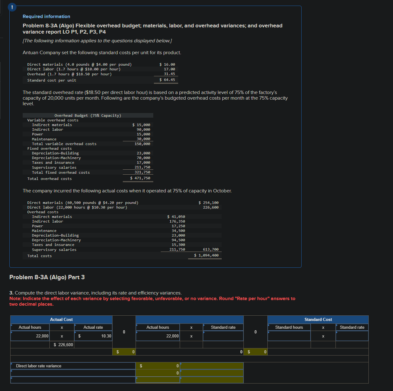  Required information Problem 8-3A (Algo) Flexible overhead budget; materials, labor, and