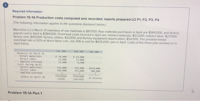  Required information Problem 15-1A Production costs computed and recorded; reports prepared