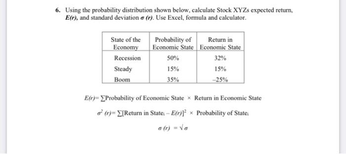 please solve 6. Using the probability distribution shown below, calculate Stock XYZs