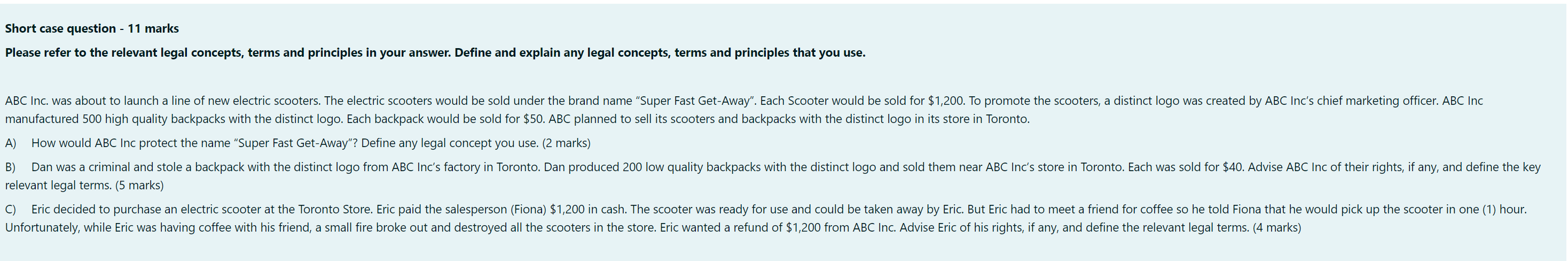 Short case question - 11 marks Please refer to the relevant
