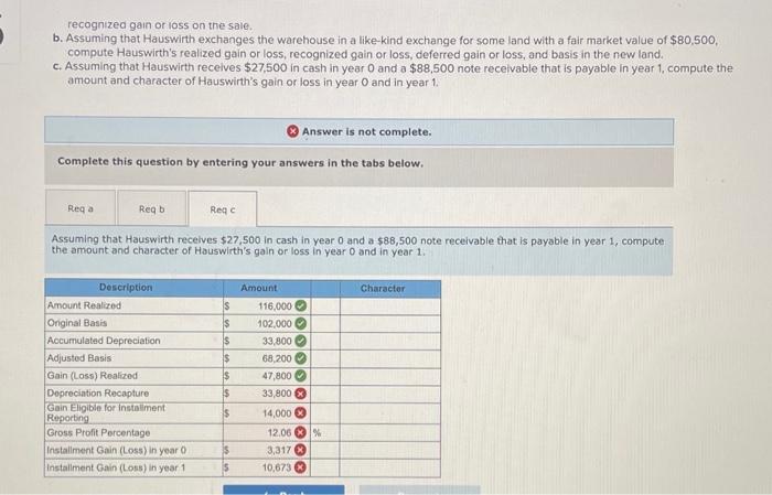 Hauswirth Corporation sold (or exchanged) a warehouse in year 0. Hauswirth bought