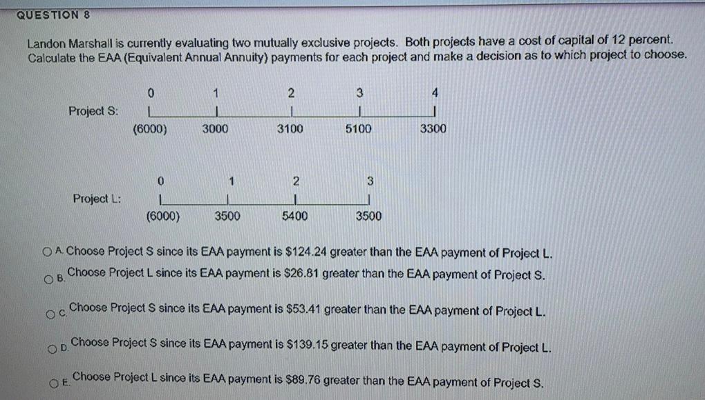 QUESTION 8 Landon Marshall is currently evaluating two mutually exclusive projects.