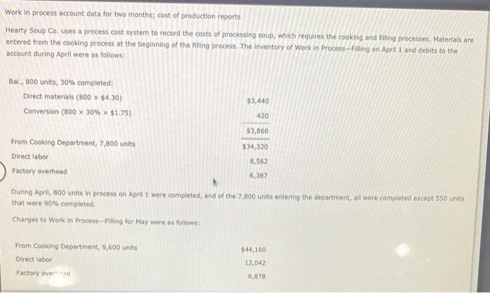  please help, thanks!!! Work in process account data for two months;