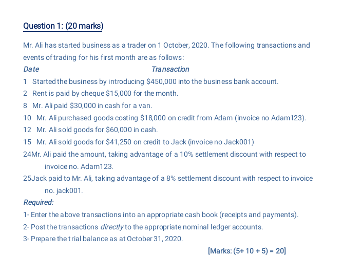  Question 1: (20 marks) Mr. Ali has started business as a