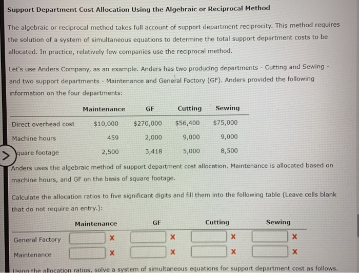  Support Department Cost Allocation Using the Algebraic or Reciprocal Method The