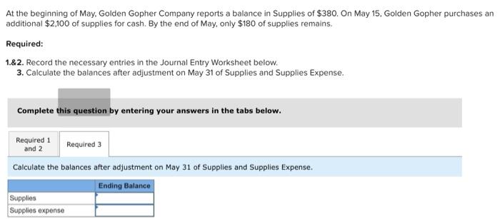 reports a balance in Supplies of $380. On May 15, Golden Gopher