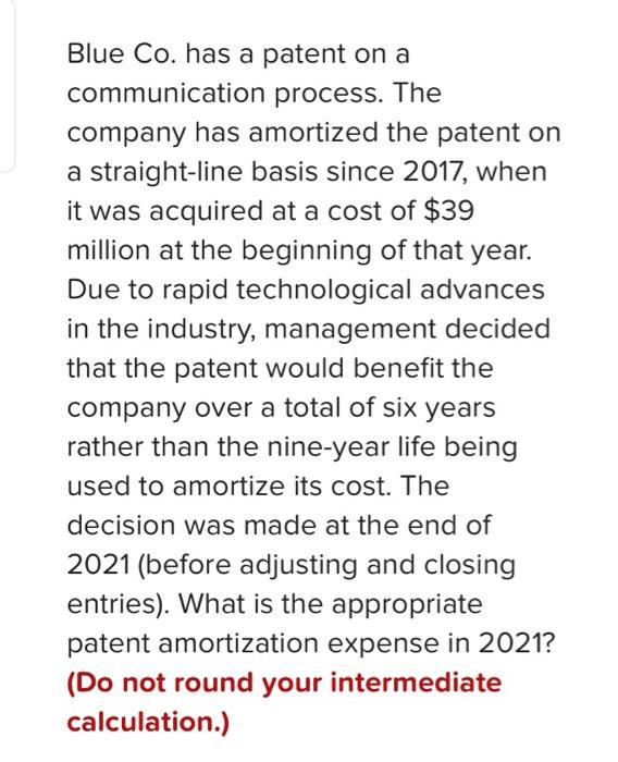  Blue Co. has a patent on a communication process. The company