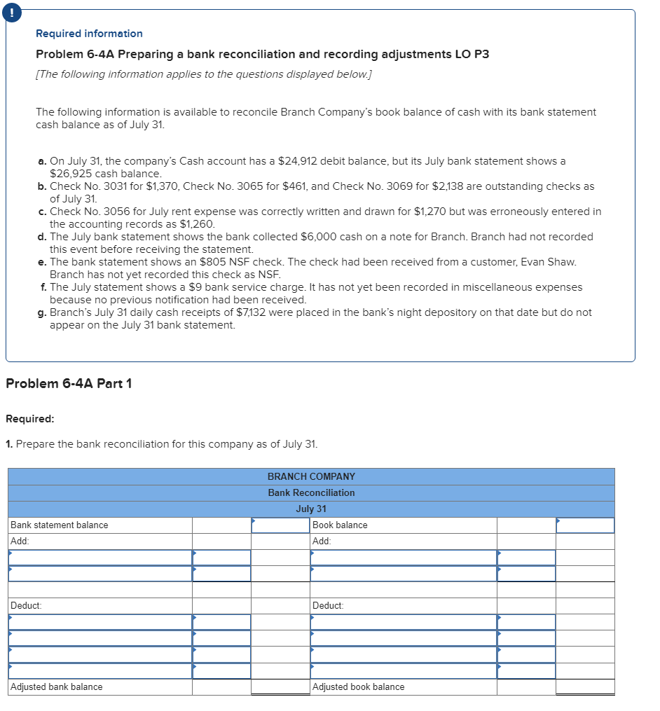 Required information Problem 6-4A Preparing a bank reconciliation and recording adjustments LO