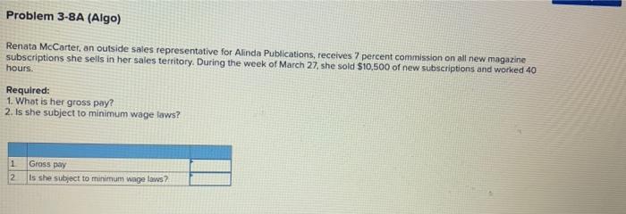  Problem 3-8A (Algo) Renata McCarter, an outside sales representative for Alinda