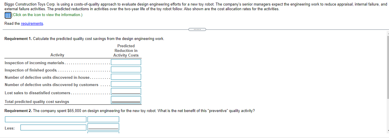  Biggo Construction Toys Corp. is using a costs-of-quality approach to evaluate