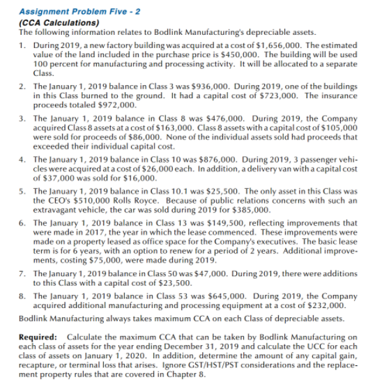  Assignment Problem Five - 2 (CCA Calculations) The following information relates