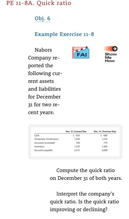  PE 11-8A. Quick ratio Obj. 6 Example Exercise 11-8 FAI Me
