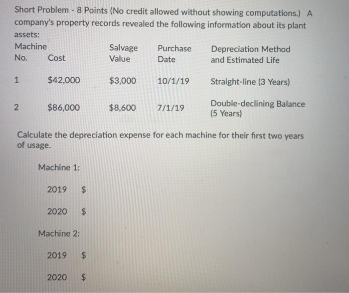  Short Problem - 8 Points (No credit allowed without showing computations.)