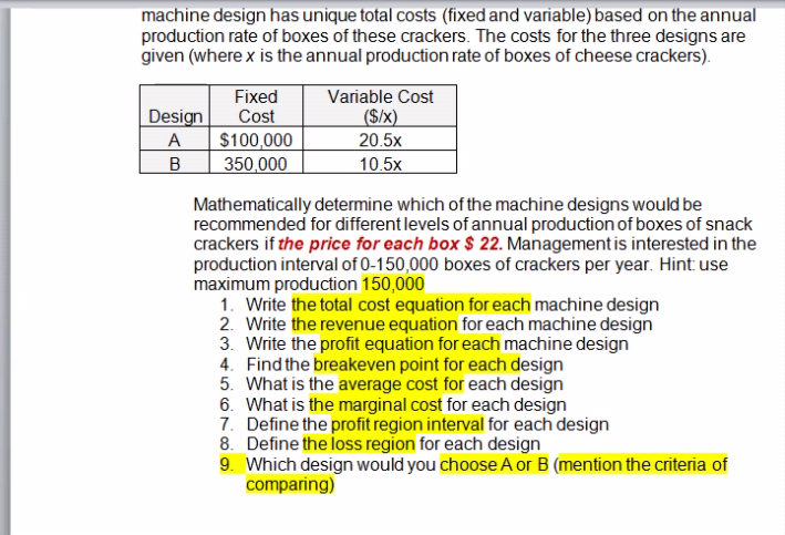  machine design has unique total costs (fixed and variable) based on
