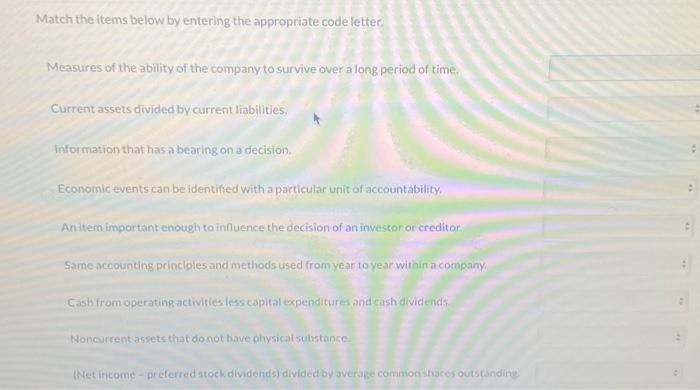 Match the items below by entering the appropriate code letter Measures