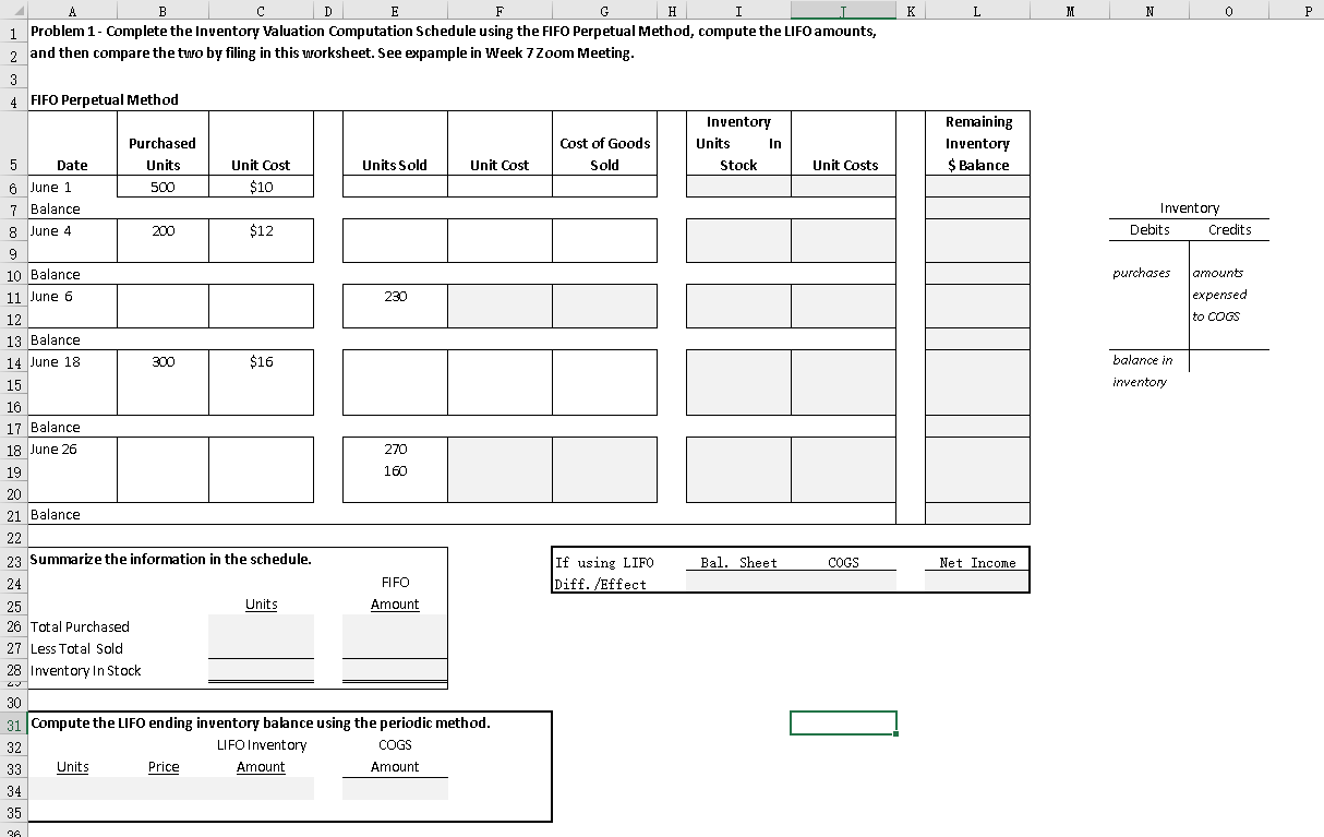 K L M N 0 P Remaining Inventory $ Balance B