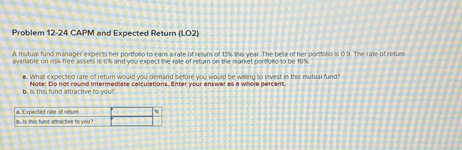  Problem 12-24 CAPM and Expected Return (LO2) A mutual fund manager