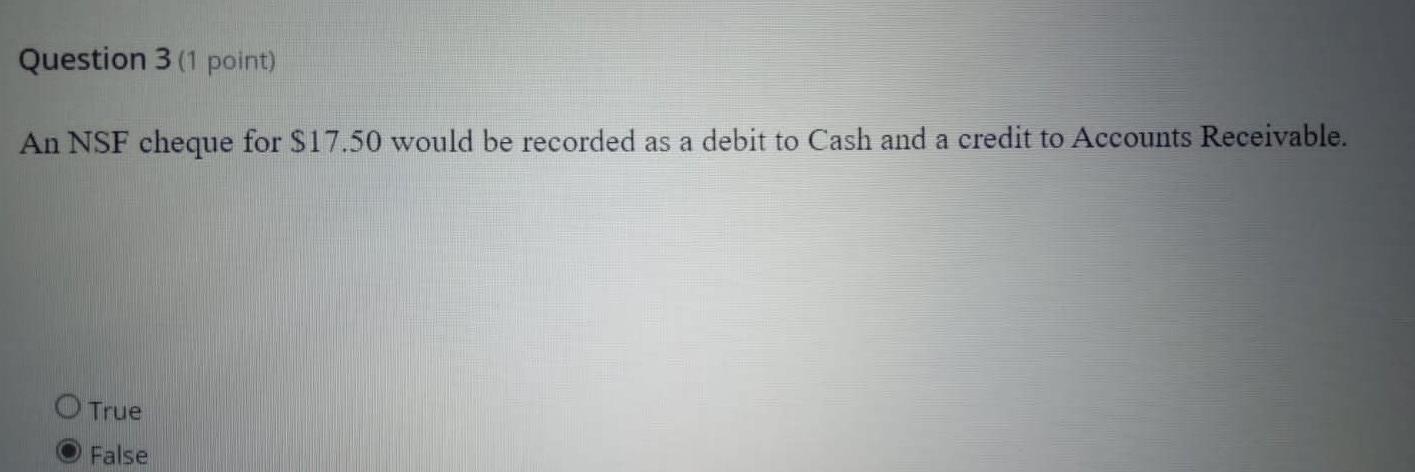  Question 3 (1 point) An NSF cheque for $17.50 would be