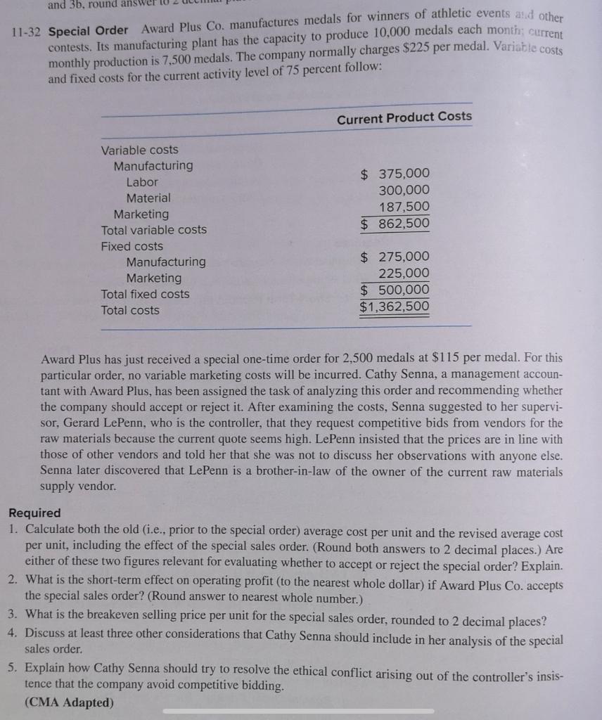  and 3b, round answer 11-32 Special Order Award Plus Co. manufactures