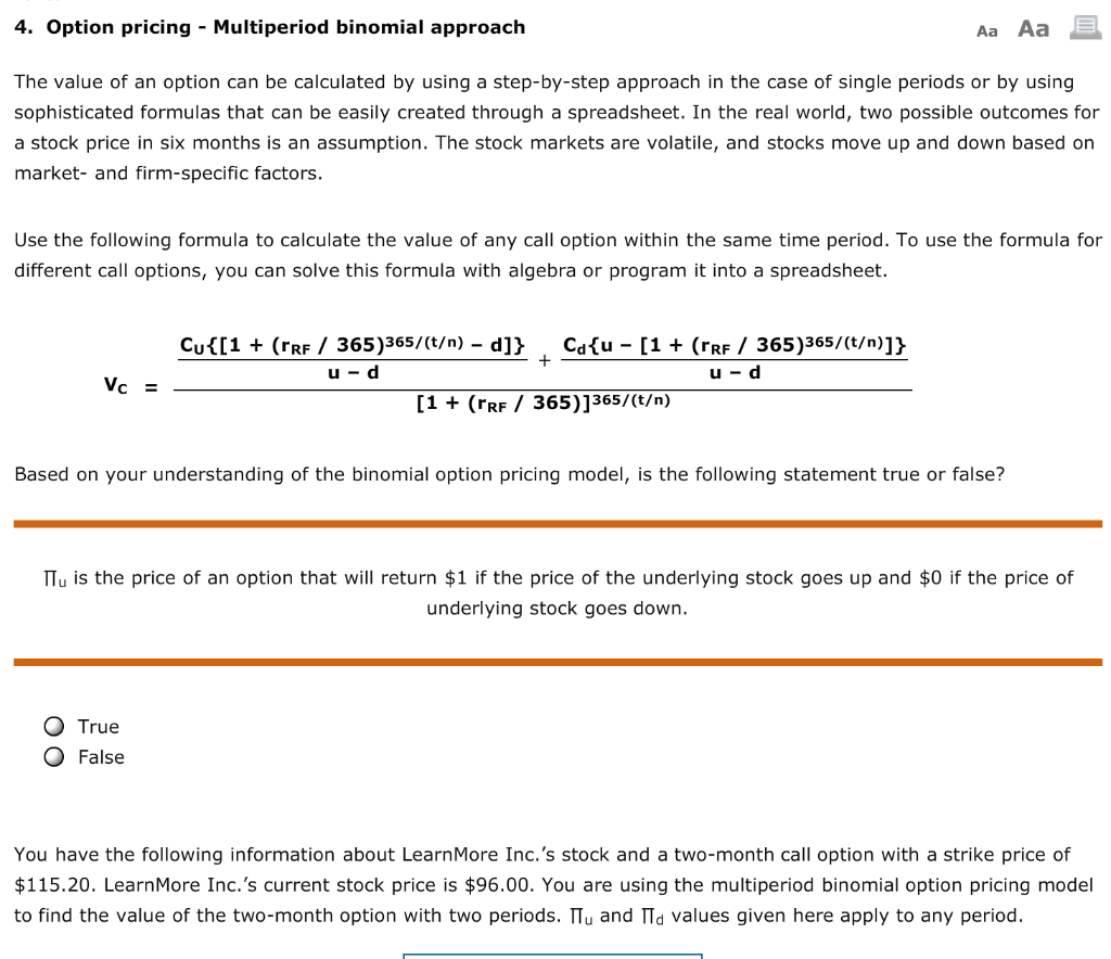 Answer all questions 4. Option pricing - Multiperiod binomial approach Aa Aa