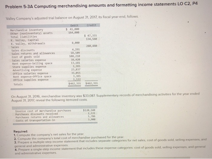  Problem 5-3A Computing merchandising amounts and formatting income statements LO C2,