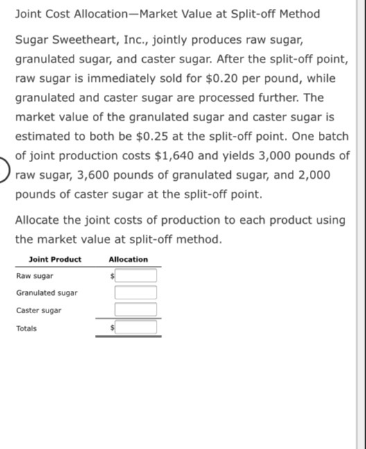 Joint Cost Allocation-Market Value at Split-off Method Sugar Sweetheart, Inc., jointly