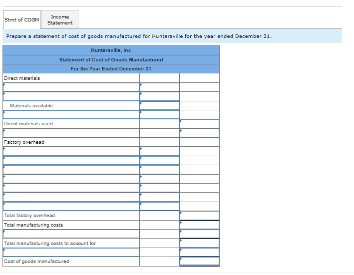 following information for Huntersville Incorporated for the fiscal year ended December 31.