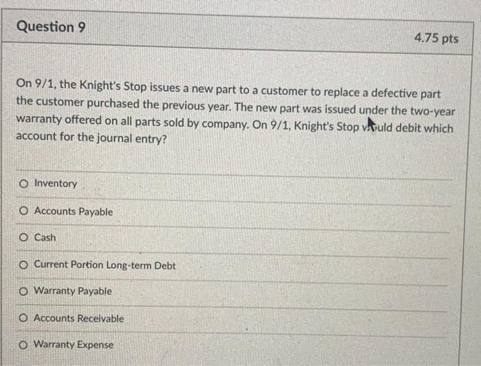  Question 9 4.75 pts On 9/1, the Knight's Stop issues a
