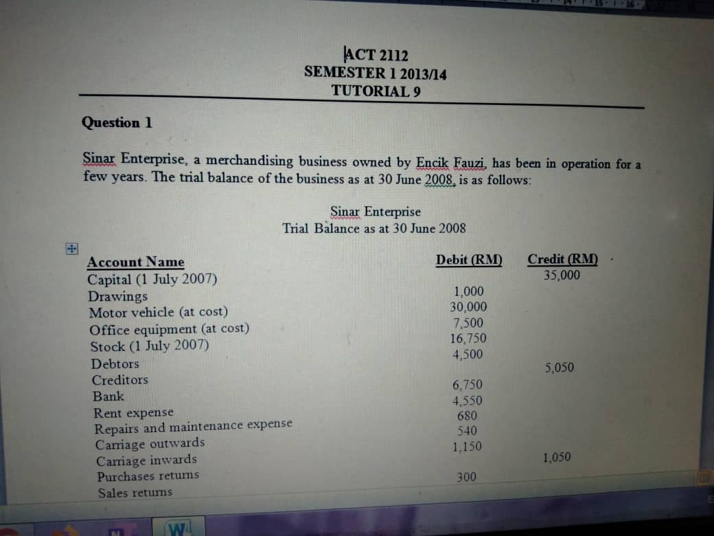  ACT 2112 SEMESTER 1 2013/14 TUTORIAL 9 Question 1 Sinar Enterprise,