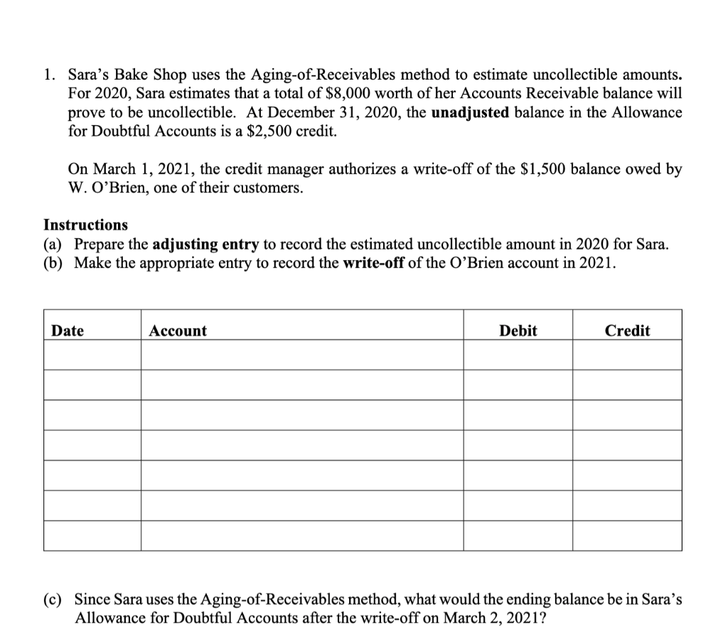 1. Sara's Bake Shop uses the Aging-of-Receivables method to estimate uncollectible