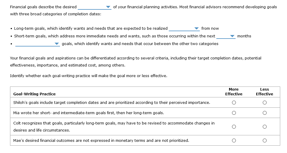  Blank 1 options: Outcomes, Inputs, Contributions Blank 2 options: 1-3 years,
