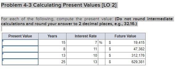  Problem 4-3 Calculating Present Values [LO 2] For each of the