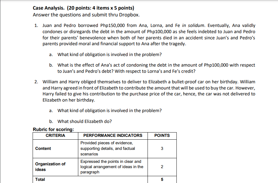 Case Analysis. (20 points: 4 items x 5 points) Answer the