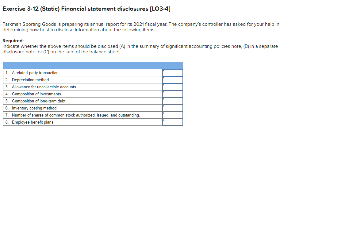  Exercise 3-12 (Static) Financial statement disclosures [LO3-4) Parkman Sporting Goods is