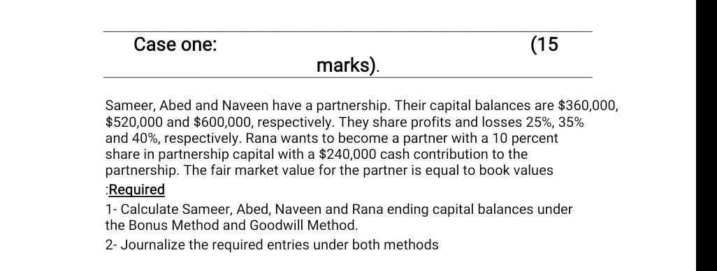  Case one: (15 marks). Sameer, Abed and Naveen have a partnership.