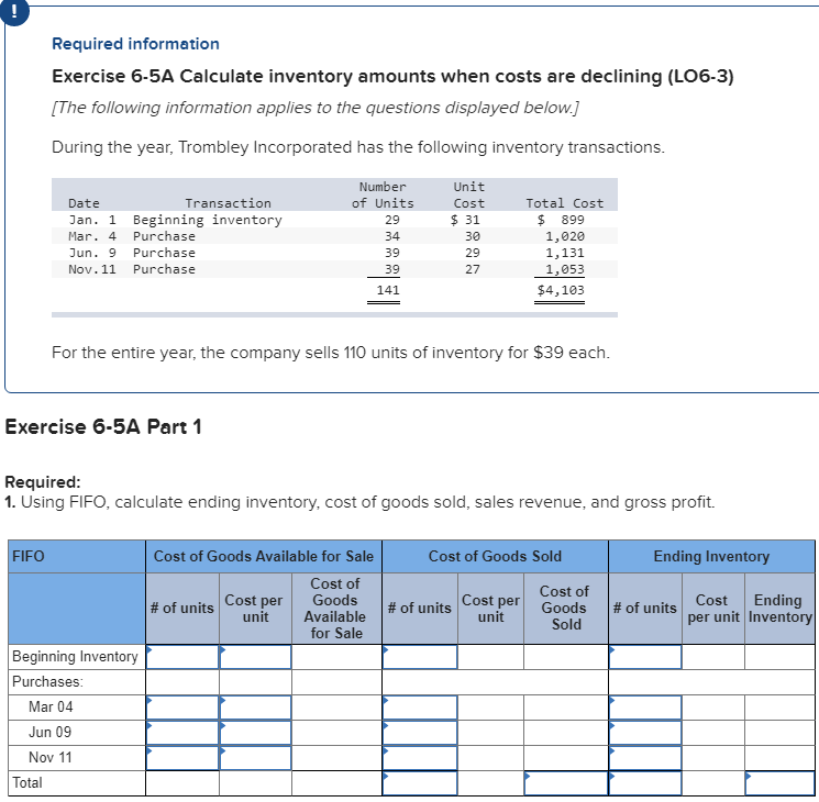 FIFO: Required information Exercise 6-5A Calculate inventory amounts when costs are declining