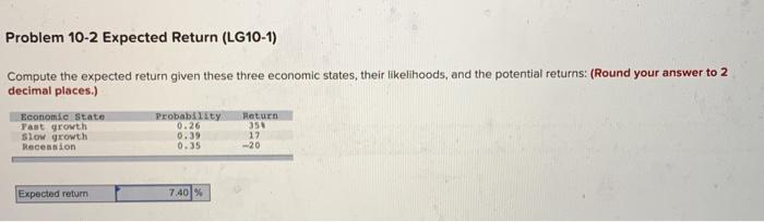  Problem 10-2 Expected Return (LG10-1) Compute the expected return given these