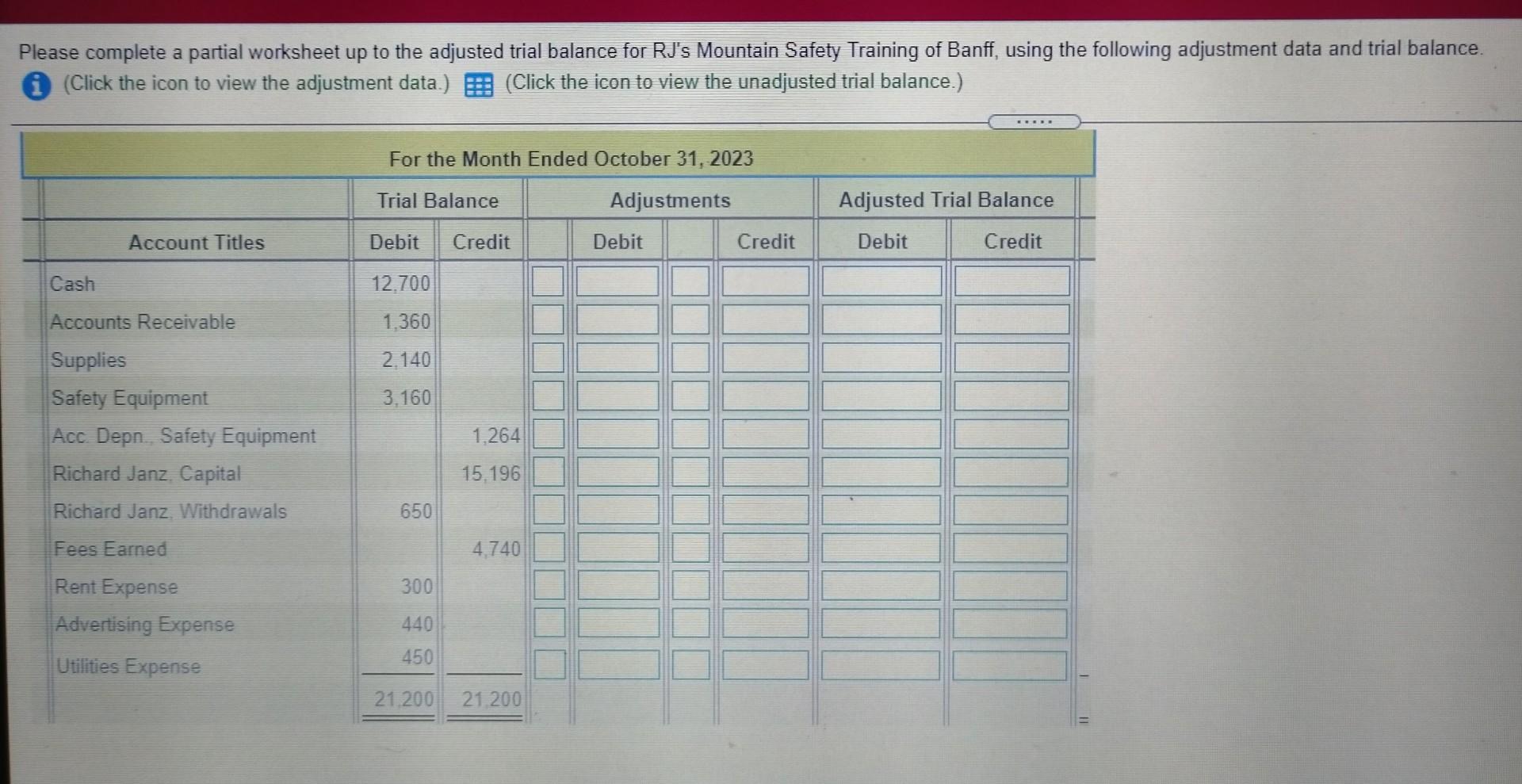  Please complete a partial worksheet up to the adjusted trial balance
