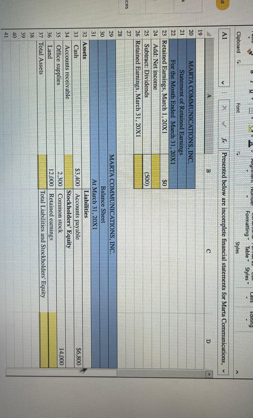 Styles A1 Ded X Presented below are incomplete financial statements for Marta
