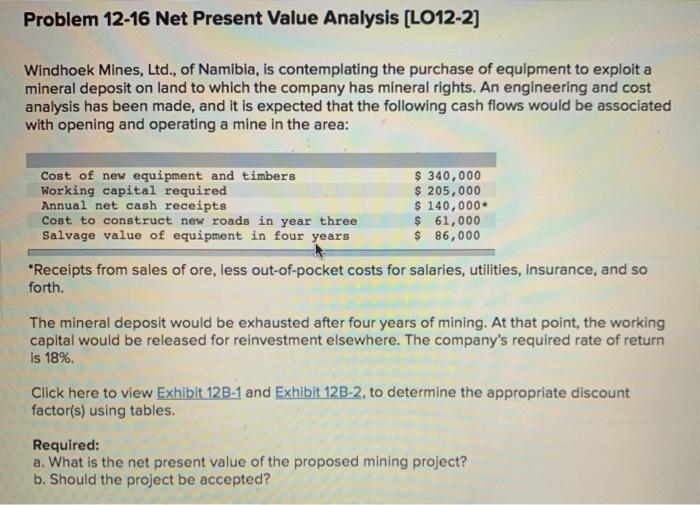  Problem 12-16 Net Present Value Analysis (LO12-2] Windhoek Mines, Ltd., of