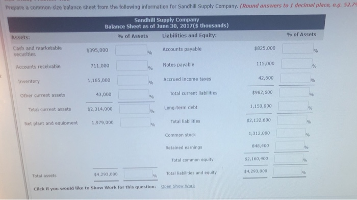  Prepare a common-size balance sheet from the following information for Sandhill