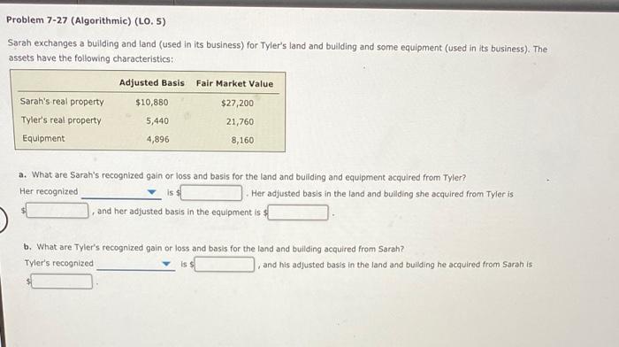  Problem 7-27 (Algorithmic) (L0.5) Sarah exchanges a building and land (used