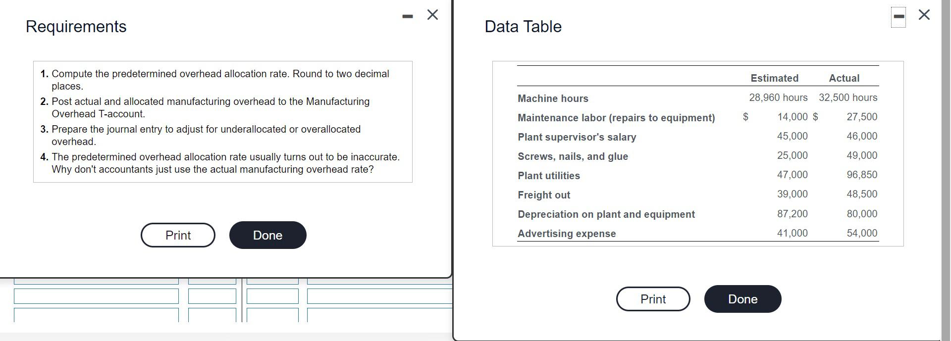  - Requirements Data Table Estimated Actual Machine hours 1. Compute the