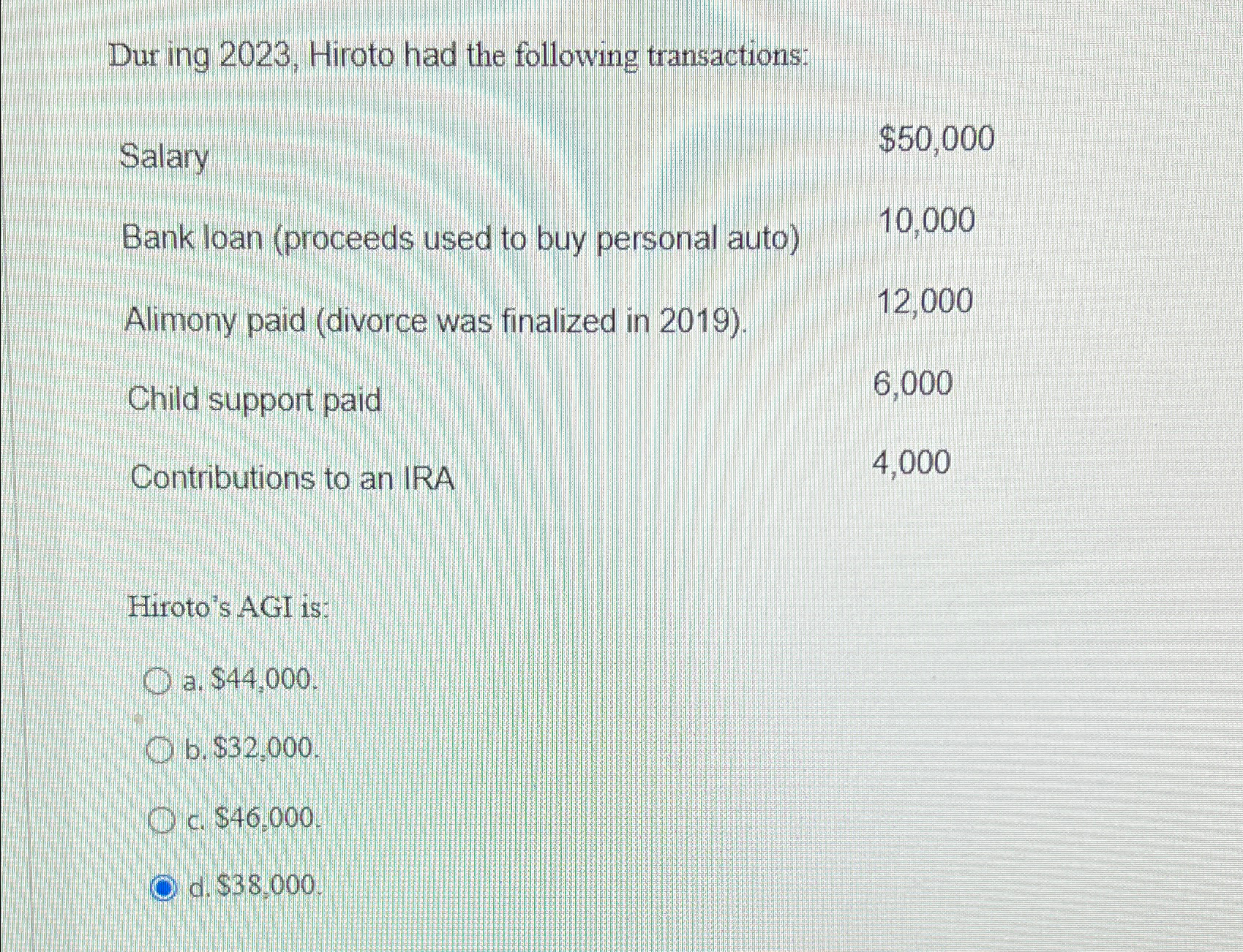  Dur ing 2023, Hiroto had the following transactions: Salary Bank loan