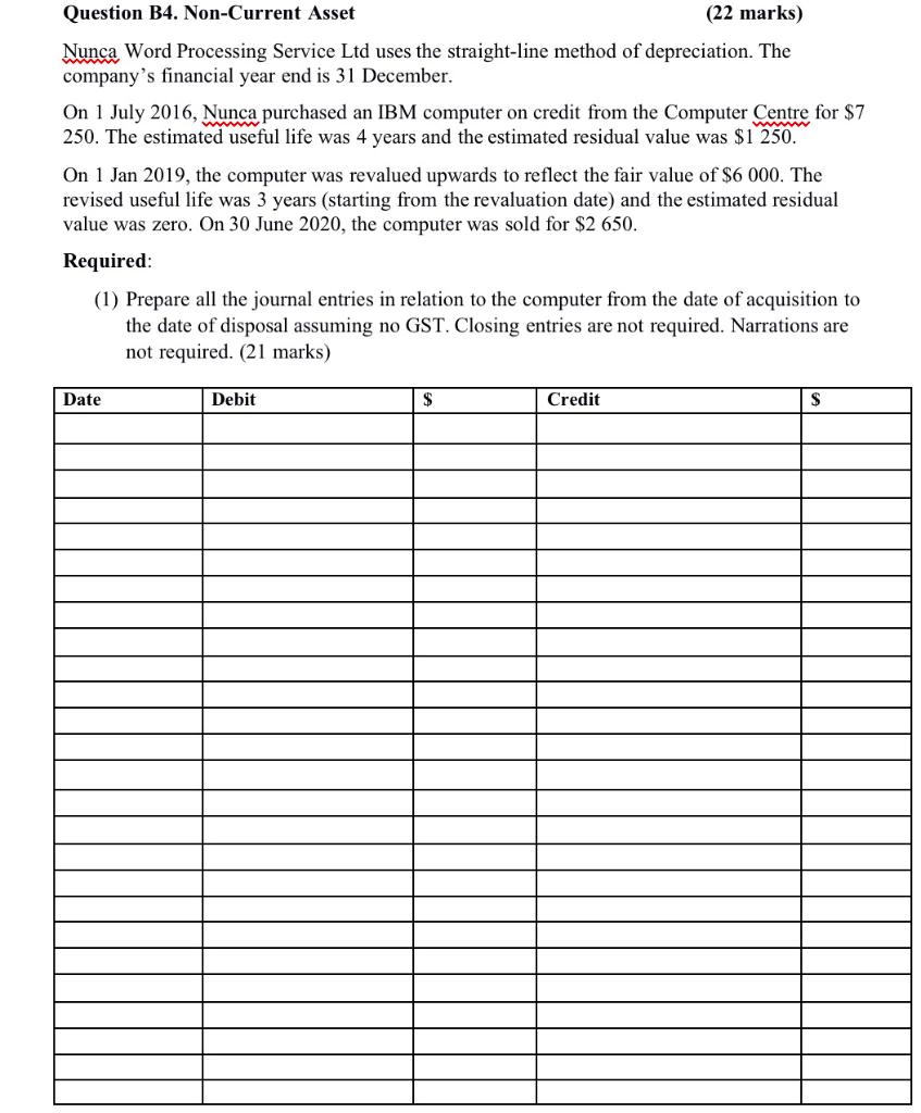  Question B4. Non-Current Asset (22 marks) Nunca Word Processing Service Ltd