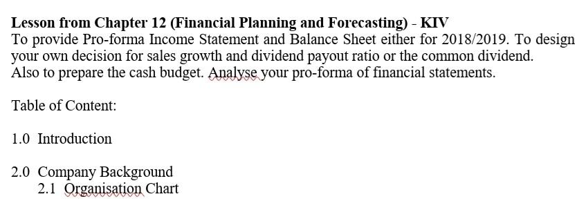  Lesson from Chapter 12 (Financial Planning and Forecasting) - KIV To