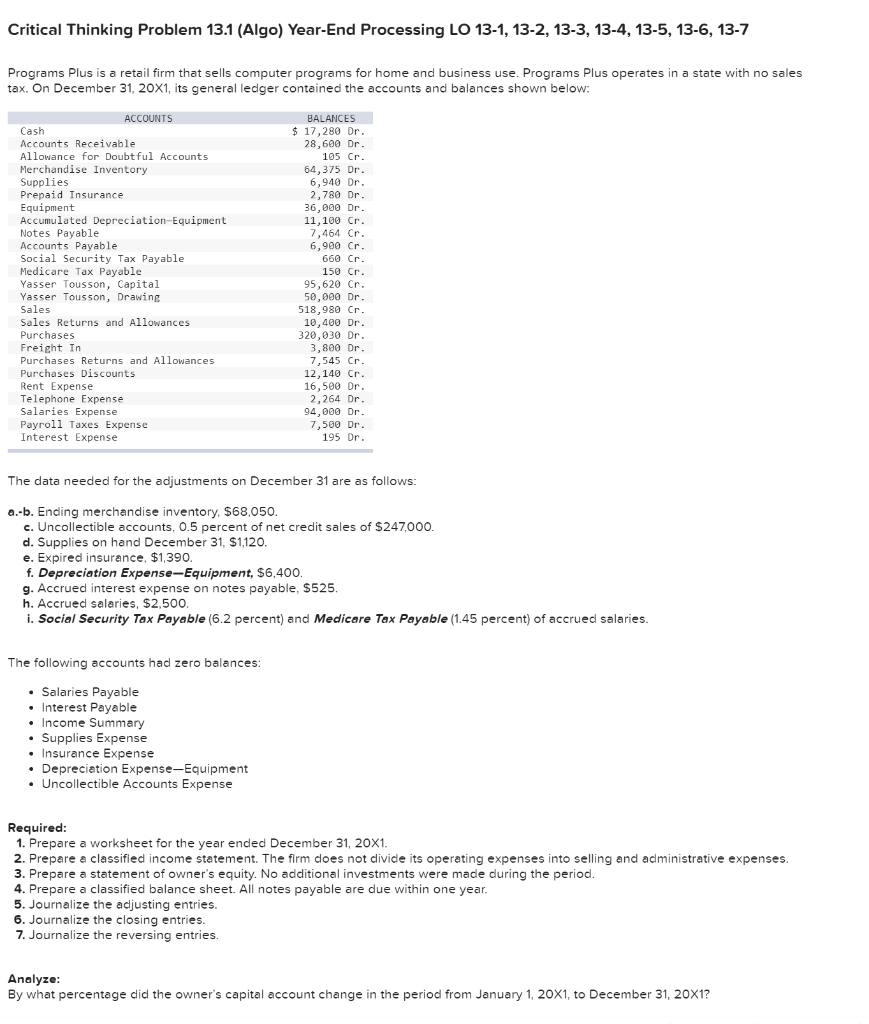  Critical Thinking Problem 13.1 (Algo) Year-End Processing LO 13-1, 13-2, 13-3,