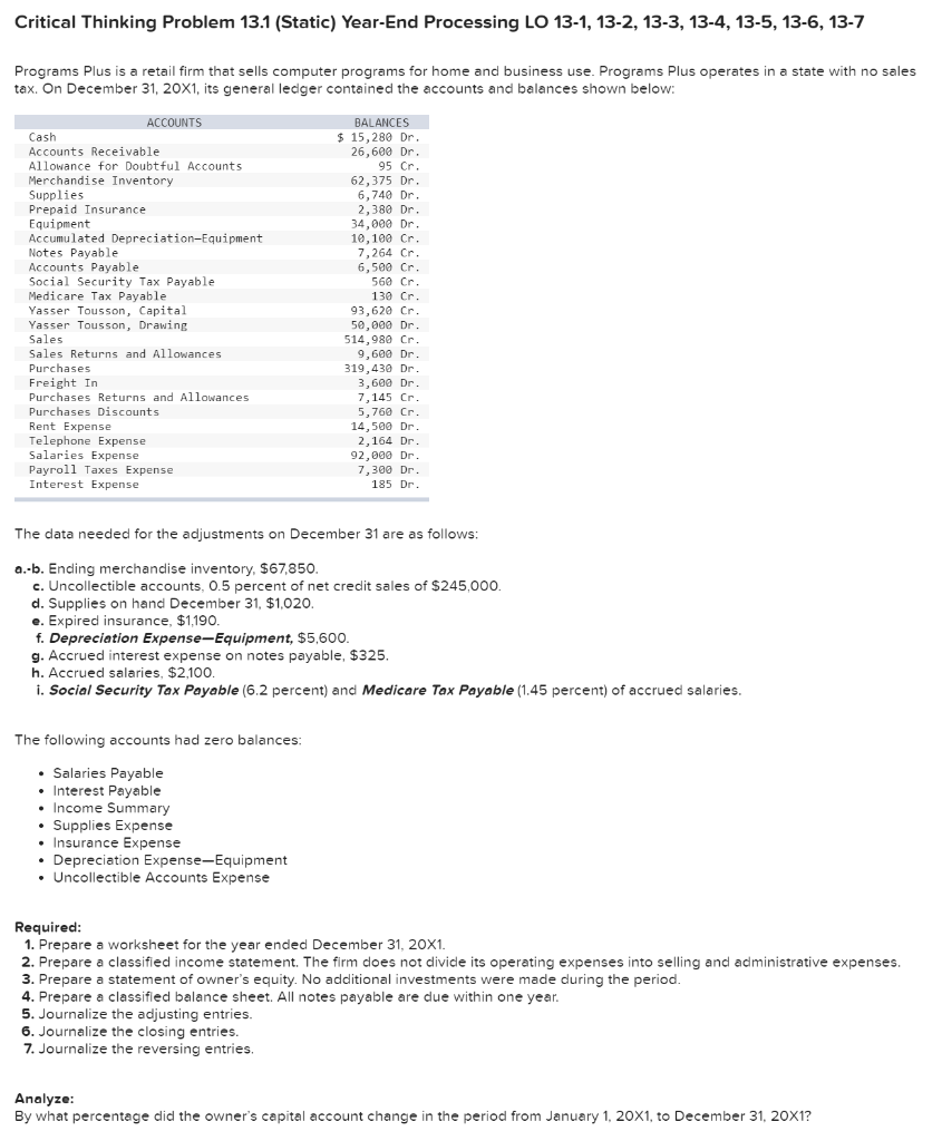  Critical Thinking Problem 13.1 (Static) Year-End Processing LO 13-1, 13-2, 13-3,