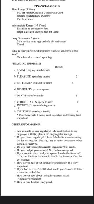 plan. Review his financial and personal information before answering the following questions,